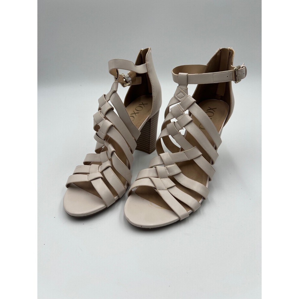 XOXO Baxter Cream Beige Strappy Gladiator Block Heel Sandals Womens Size 9.5 M